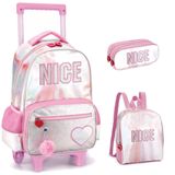 Kit Mochila Infantil Juvenil Nice Escolar Rodinhas G Rosa