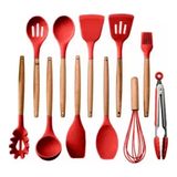 Kit Utensílios Cozinha Talher Silicone 12 Peças Cabo Madeira