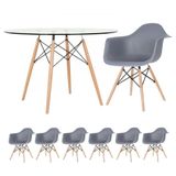 Mesa Redonda Eames Com Tampo De Vidro 120 Cm + 6 Cadeiras Eiffel Daw Cinza Escuro Cinza Escuro