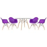 Mesa Redonda Eames Com Tampo De Vidro 120 Cm + 4 Cadeiras Eiffel Daw Roxo Roxo