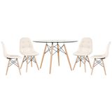 Mesa Eames Com Tampo De Vidro 120 Cm + 4 Cadeiras Estofadas Eiffel Botonê Creme Creme