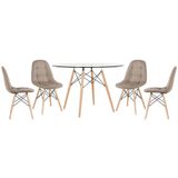 Mesa Eames Com Tampo De Vidro 120 Cm + 4 Cadeiras Estofadas Eiffel Botonê Nude Nude