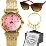 Relogio Feminino Dourado Aço + Pulseira + Caixa + Oculos Sol Personalize Marrom Moda Silicone Casual