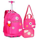 Kit Mochila De Rodinhas + Lancheira + Estojo Box Rosa Rb