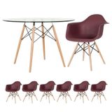 Mesa Redonda Eames Com Tampo De Vidro 120 Cm + 6 Cadeiras Eiffel Daw Marrom Marrom