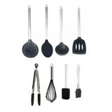 Jogo Colheres De Silicone Cabo Inox Utensílios 8 Peças Preto