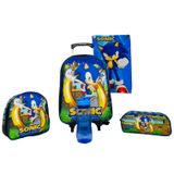 Kit Mochila Rodinhas Sonic Infantil Lancheira Estojo