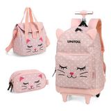 Kit Mochila Rodinhas Lancheira E Estojo Gato Up4you - Rosa