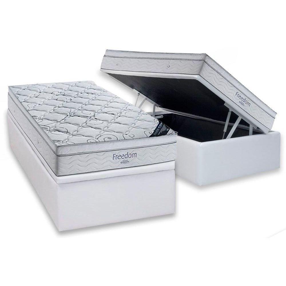 Cama Box Baú Solteiro: Colchão Molas Ensacadas Ortobom Superpocket Freedom Visco + Base Crc Courano White(88x188)