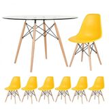 Mesa Redonda Eames Com Tampo De Vidro 120 Cm + 6 Cadeiras Eiffel Dsw Amarelo