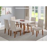 Mesa De Jantar Pés Madeira Maciça Com Vidro 6 Cadeiras Madeira Dalia Anna Âmbar/off White