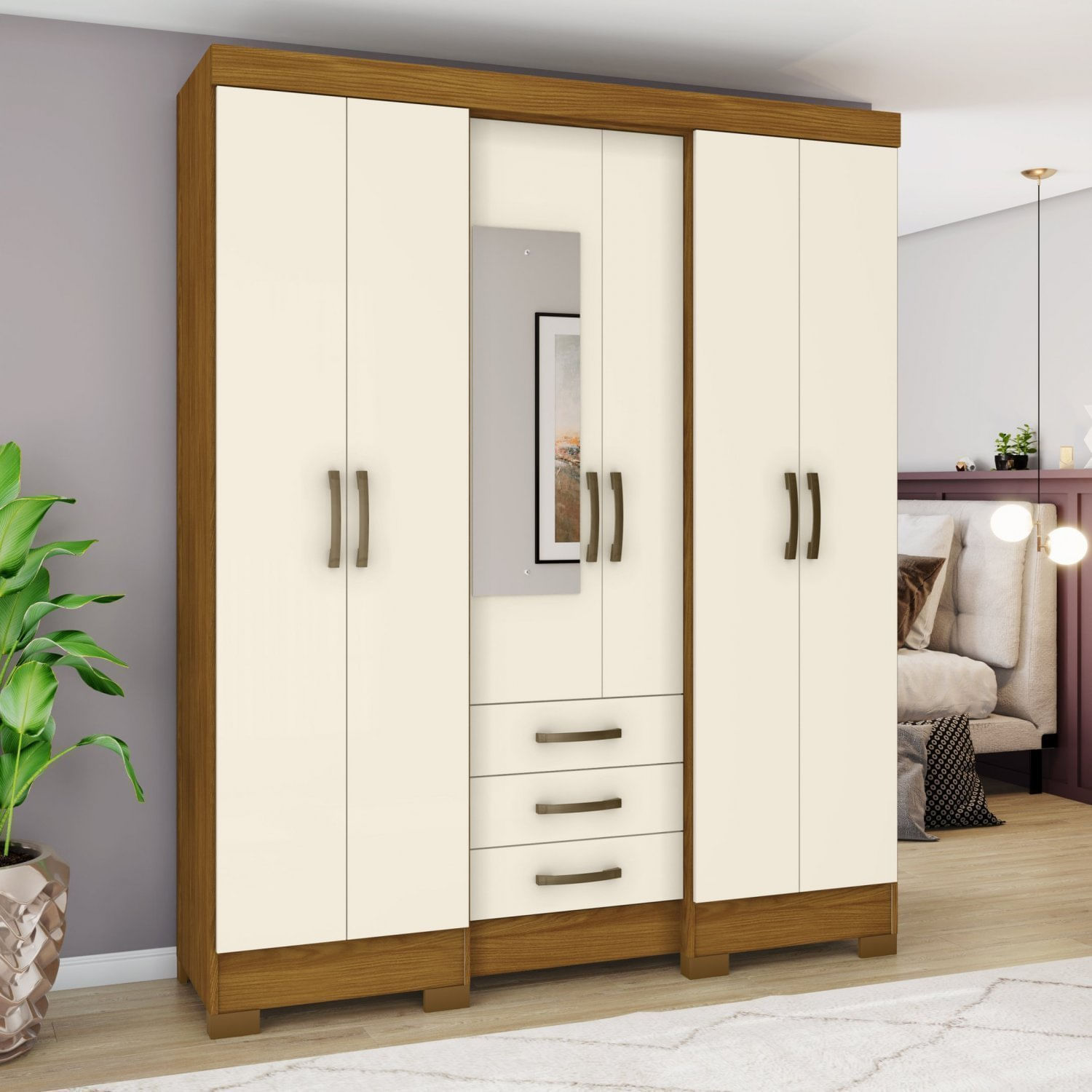 Guarda-roupa Casal 6 Portas 3 Gavetas Com Espelho Santorini Henn Nature/off White