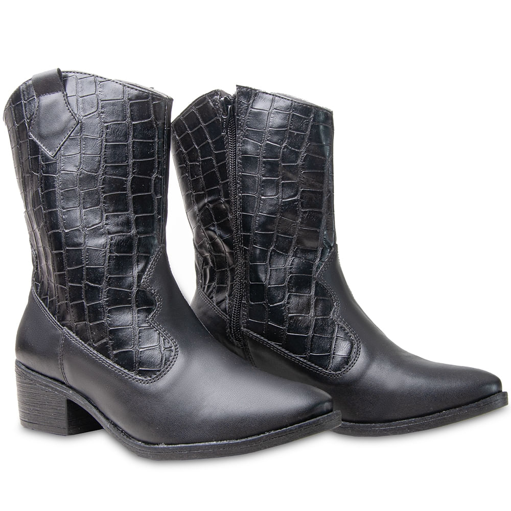 Bota Western Couro Feminina Modelo Marcante Moda Country Bico Fino Salto Grosso E Baixo