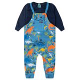 Conjunto Jardineira Bebê Moletom Menino - Dinos - Azul