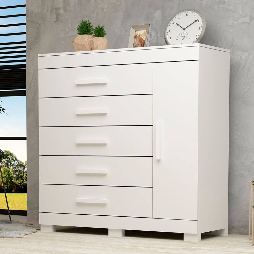 Cômoda 1 Porta 5 Gavetas 100% Mdf Miosótis Espresso Móveis Branco