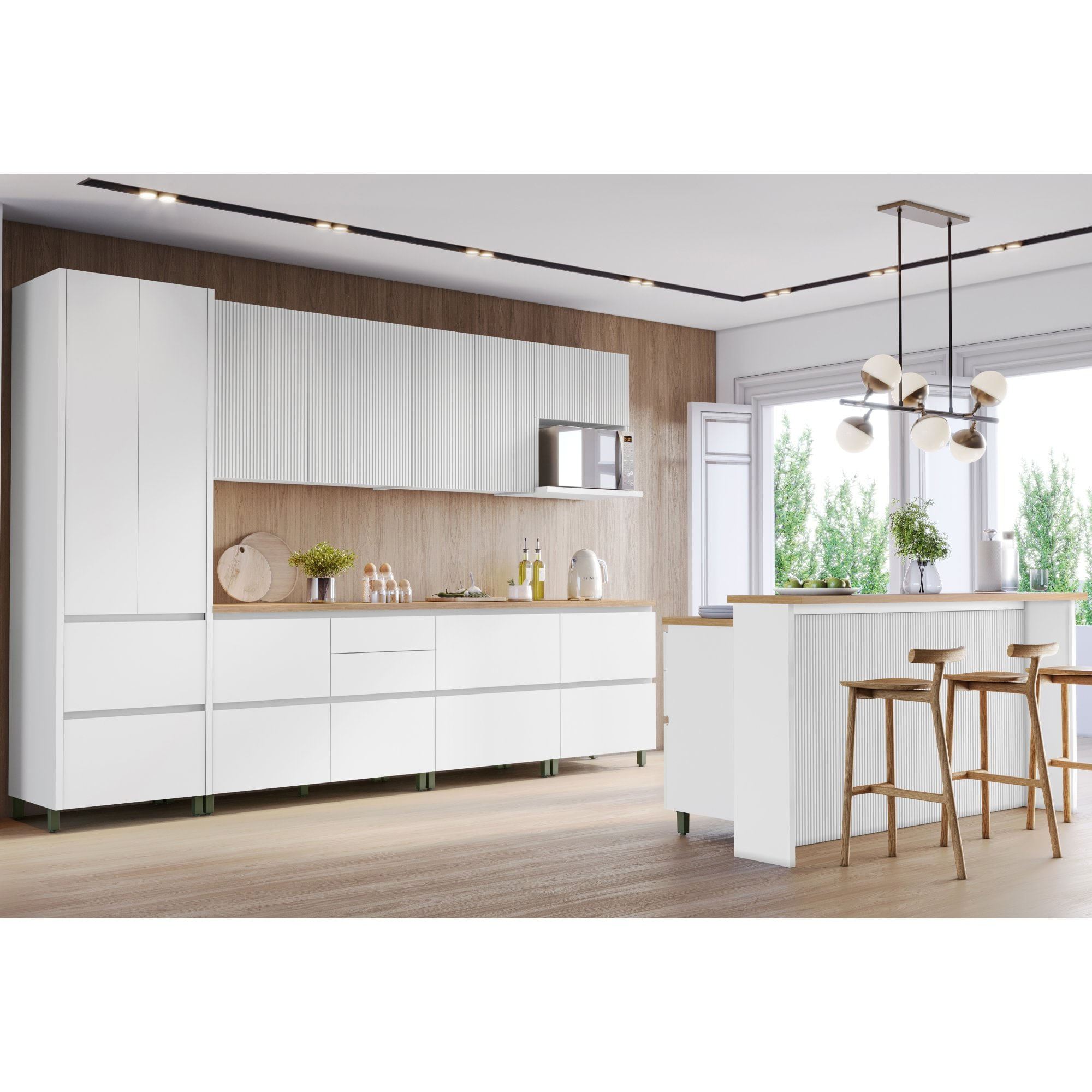 Cozinha Modulada 10 Peças Com 3 Balcões 5 Armários Aéreos Ripado 1 Paneleiro 1 Painel De Ilha Nesher 100% Mdf Rainha Gourmet Branco