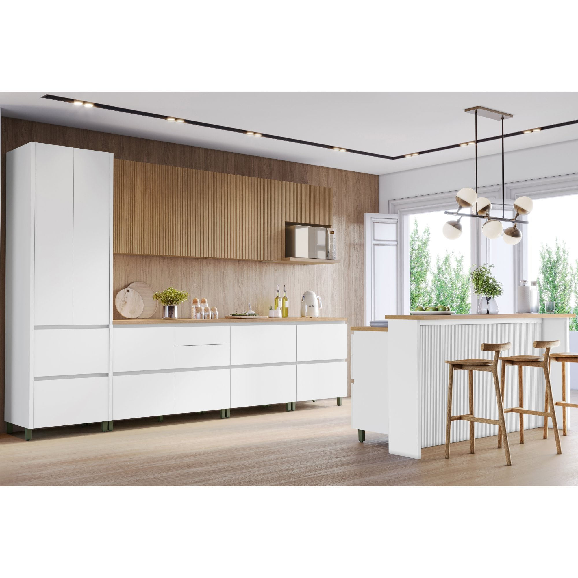 Cozinha Modulada 10 Peças Com 5 Balcões 3 Armários Aéreos Ripado 1 Paneleiro 1 Painel De Ilha Nesher 100% Mdf Rainha Gourmet Branco/nature