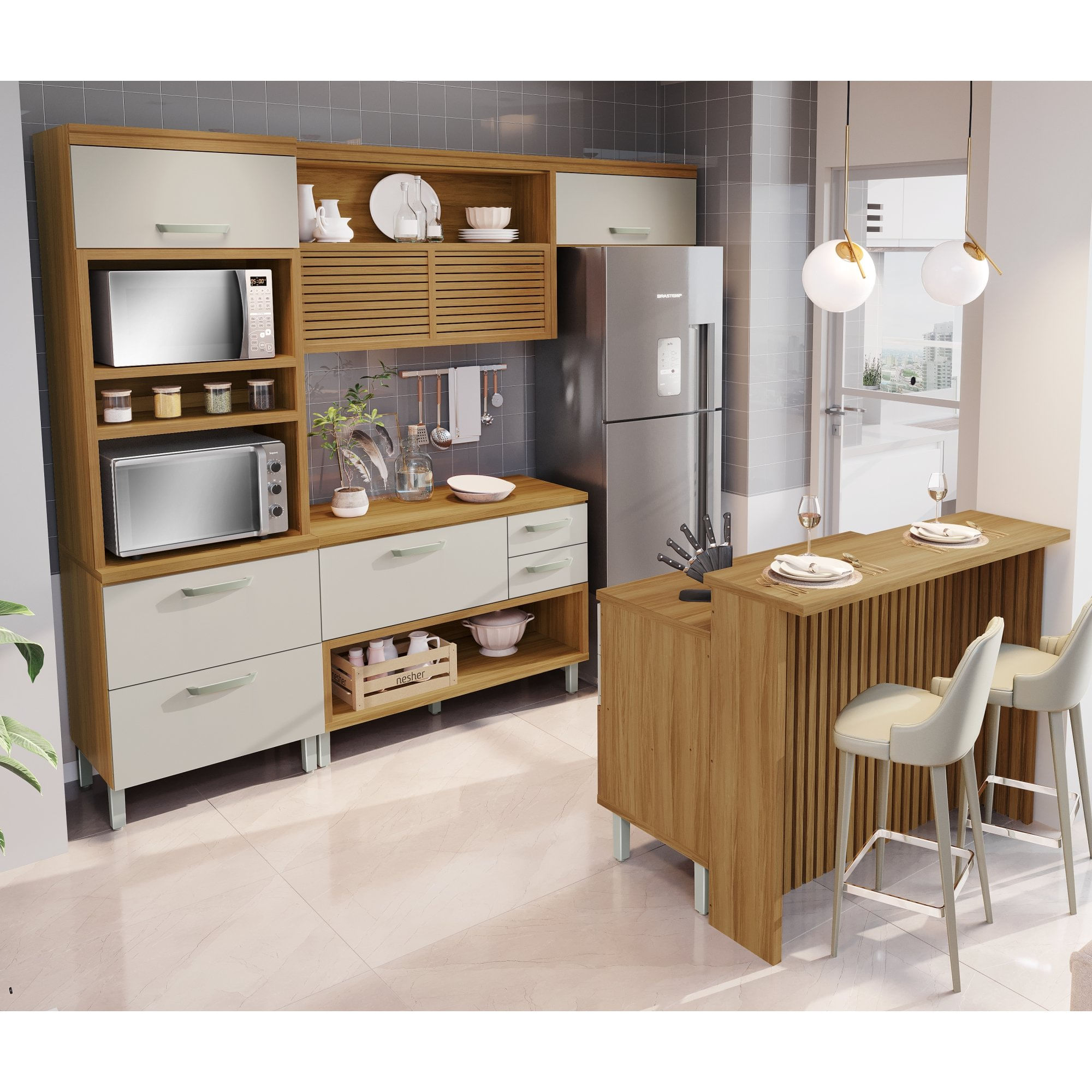 Cozinha 5 Peças Princesa Gourmet Ripado Nesher 100% Mdf Freijó/offwhite