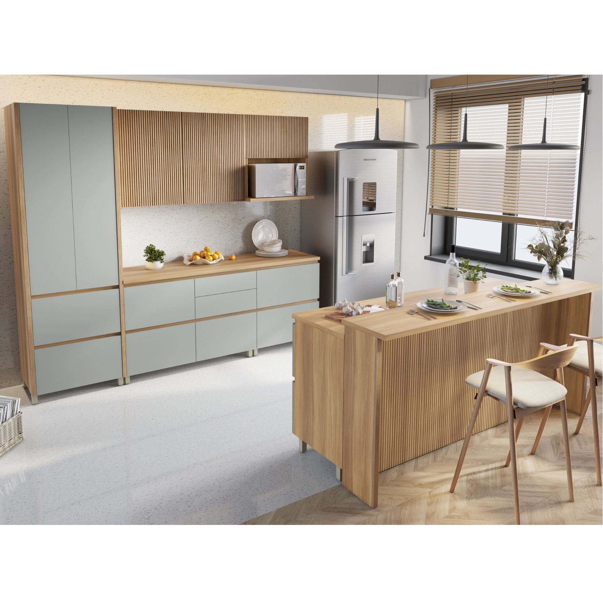 Cozinha Modulada 8 Peças Com 2 Armários Aéreos Ripado 4 Balcões 1 Paneleiro 1 Painel De Ilha Nesher 100% Mdf Rainha Gourmet Nature/verde