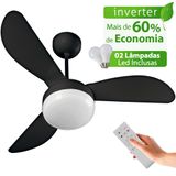 Ventilador De Teto Ventisol Fênix Black Inverter Controle Remoto, 02 Lâmpadas Led Inclusas - Bivolt