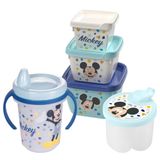 Kit Infantil Caneca Com Bico, Porta Leite Em Pó E Conjunto 3 Potes Mickey Plasutil