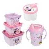 Kit Infantil Caneca Com Bico, Porta Leite Em Pó E Conjunto 3 Potes Minnie Plasutil