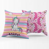 Par De Almofadas Estampadas Cheias Unicórnio Listrado Pink 45cm X 45cm Enchimento Refil Em Silicone