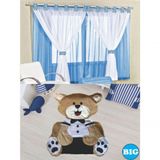 Kit Decoração P/ Quarto De Menino = Cortina Malha Juvenil + Tapete Pelucia Big Urso Gravata - Azul