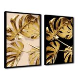 Quadro Premium Textura Cx Alta Folhas De Ouro 1 2un 40x60 Titulos Moldura Preta