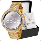 Relogio Feminino Aço Digital + Caixa + Brinco Colar Strass Dourado Qualidade Premium Banhado Social