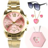 Relogio Feminino Aço Dourado + Oculos Sol + Colar Brincos Rosa Casual Caixa Premium Presente Social