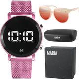 Relogio Digital Feminino + Caixa + Oculos Sol Proteção Uv Rosa Led Original Moda Case Exclusiva