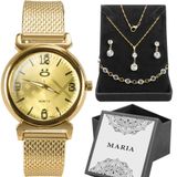 Relogio Feminino Aço Inox + Caixa + Colar Strass + Pulseira Casual Strass Moda Presente Dourado