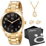 Brincos + Caixa + Relogio Feminino Dourado Aço Inox + Colar Casual Presente Moda Social Strass