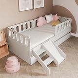 Bicama Solteiro MDF Branco com Escadinha/Escorrega, 03 Grades e Cabeceira Anatômica Mobilistore