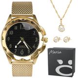 Relogio Feminino Aço Banhado Prova Dourado + Colar + Pulseira Presente Casual Coração Resistente