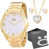 Relogio Feminino Aço Inox Dourado + Caixa + Brincos + Colar Social Presente Strass Qualidade Premium