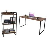 Conjunto Escritório Estilo Industrial Mesa 150cm E Estante 60cm 3 Prateleiras Prisma C08 Nogal