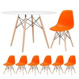 Mesa Redonda 120 Cm Branco + 6 Cadeiras Laranja