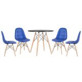 Mesa Redonda Eames 80 Cm Preto + 4 Cadeiras Estofadas Eiffel Botonê Azul Azul