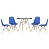 Mesa Redonda Eames 80 Cm Preto + 4 Cadeiras Estofadas Eiffel Botonê Azul Azul