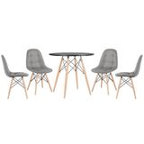 Mesa Redonda Eames 80 Cm Preto + 4 Cadeiras Estofadas Eiffel Botonê Cinza Escuro Cinza Escuro