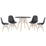 Mesa Redonda Eames 90 Cm Preto + 4 Cadeiras Estofadas Eiffel Botonê Preto Preto