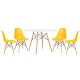 Mesa Redonda 120 Cm Branco + 4 Cadeiras Amarelo