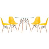 Mesa Redonda Com Tampo De Vidro 100cm + 4 Cadeiras Amarelo
