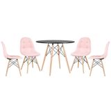 Mesa Redonda Eames 90 Cm Preto + 4 Cadeiras Estofadas Eiffel Botonê Rosa Claro Rosa Claro