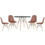 Mesa Redonda Eames 100 Cm Preto + 4 Cadeiras Estofadas Eiffel Botonê Marrom Marrom