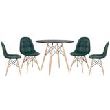 Mesa Redonda Eames 90 Cm Preto + 4 Cadeiras Estofadas Eiffel Botonê Verde Escuro Verde Escuro