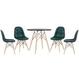 Mesa Redonda Eames 80 Cm Preto + 4 Cadeiras Estofadas Eiffel Botonê Verde Escuro Verde Escuro