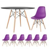 Mesa Redonda 120 Cm Preto + 6 Cadeiras Roxo